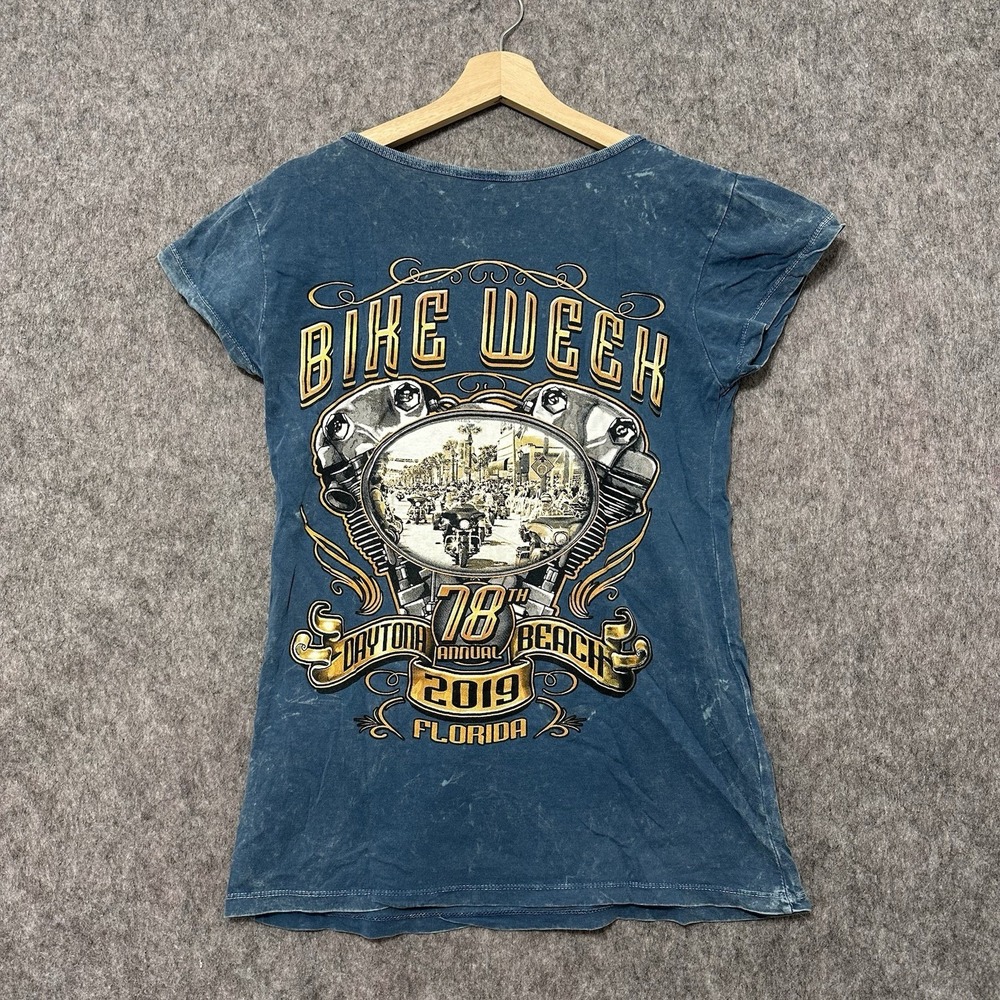 Daytona Bike Week 2019 T-Shirt Women's L – Distressed Blue V-Twin Graphic